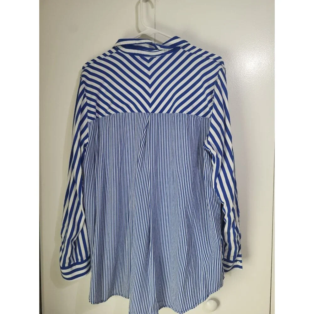 Jane & Delancey Women's XL Blue White Striped Button Down Shirt Coastal Beach - Picture 2 of 7